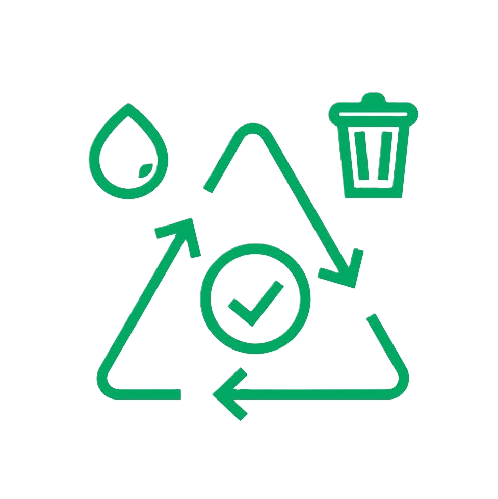 Recycling symbol with icons of water droplet, mountain, and trash can, indicating water conservation, environmental protection, and waste management.