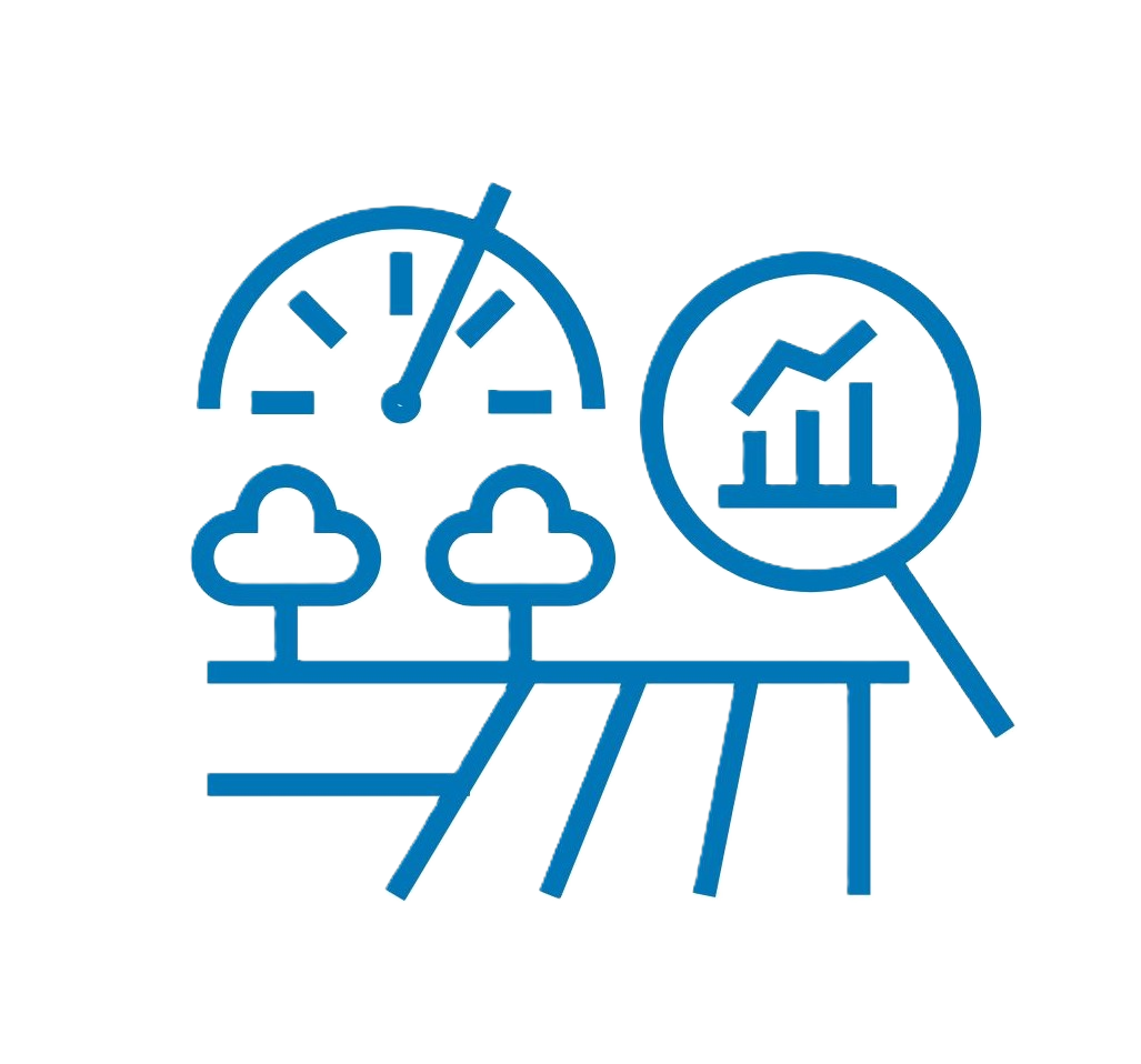 PROVE - an illustration of environmental monitoring and data analysis, featuring a speedometer, two trees, a magnifying glass with a rising bar chart, and farmland.