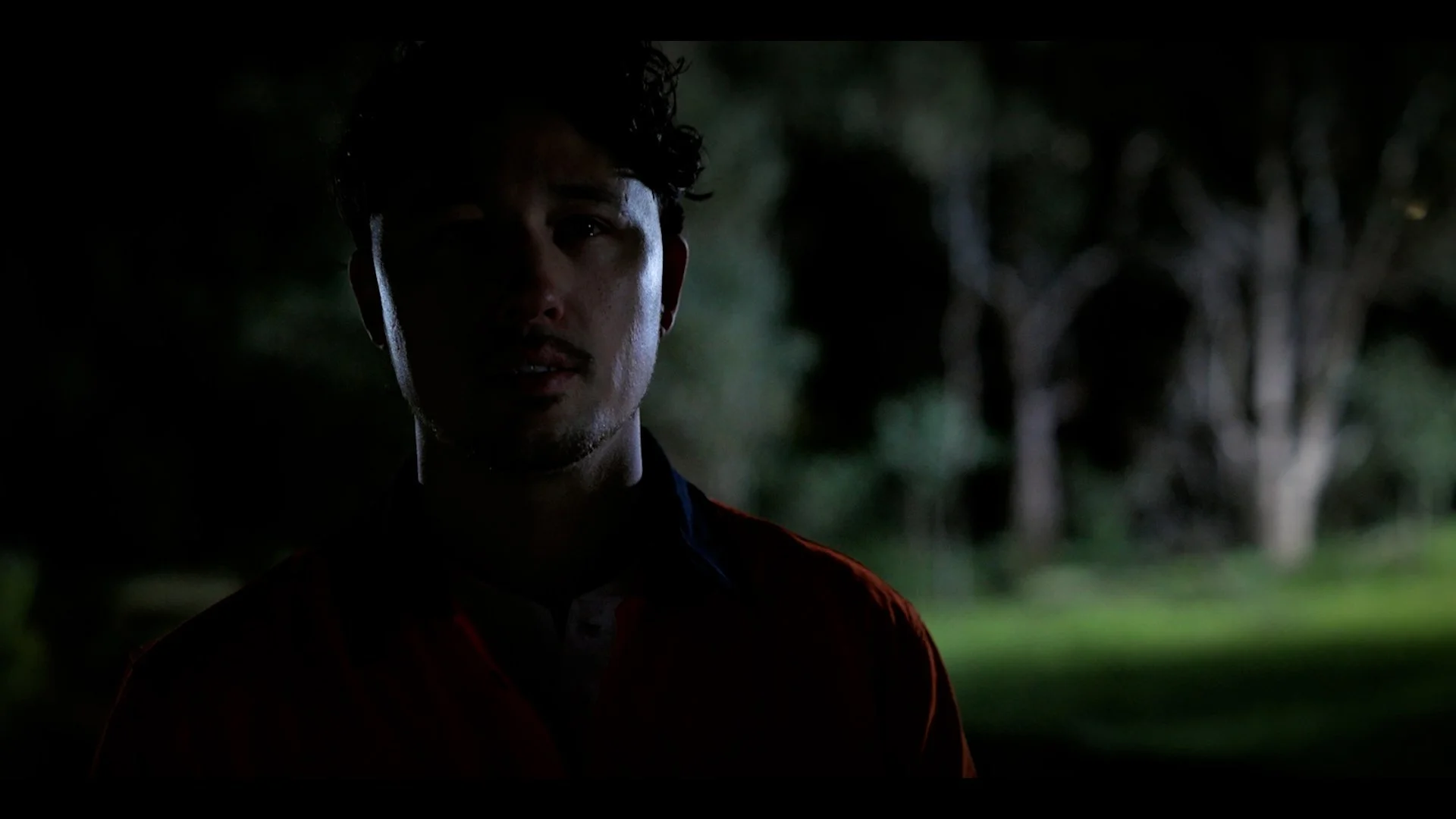 A young man with dark curly hair is partially visible in a dark setting, with a background of trees and greenery at night.