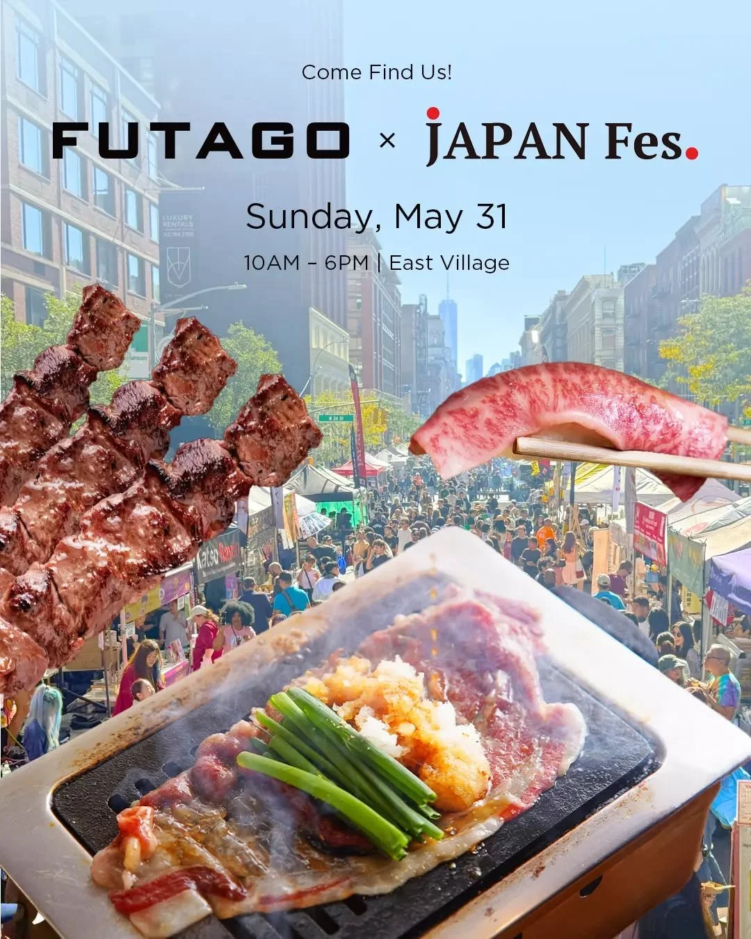 We're taking the grill outside🔥🥩 Yakiniku Futago is coming to Japan Fes New York! Come find us in East Village on May 31st!
✦ A5 Wagyu Tsutsumeru Kalbi
✦ Beef Skewers
✦ A5 Wagyu Toro Sushi

 Sunday, May 31st | 10AM &ndash; 6PM
📍 Astor Place, East 