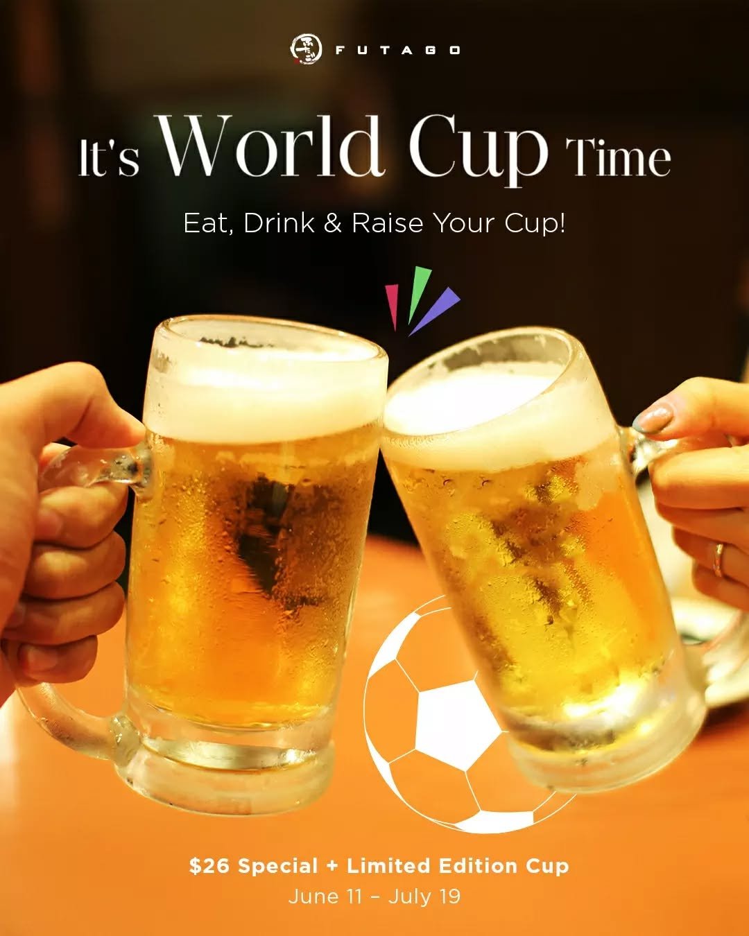 New York is buzzing... and so are we🏆⚽
Celebrate the World Cup at Yakiniku Futago with an exclusive $26 special, and walk away with a limited edition cup!

✦ $𝟐𝟔 𝐖𝐨𝐫𝐥𝐝 𝐂𝐮𝐩 𝐒𝐩𝐞𝐜𝐢𝐚𝐥𝐬
 - Asahi Draft Beer (12oz) + A5 Wagyu Toro Sushi (