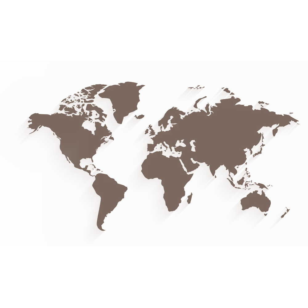 A stylized world map with continents in dark gray on a light background, with diagonal shadow lines.