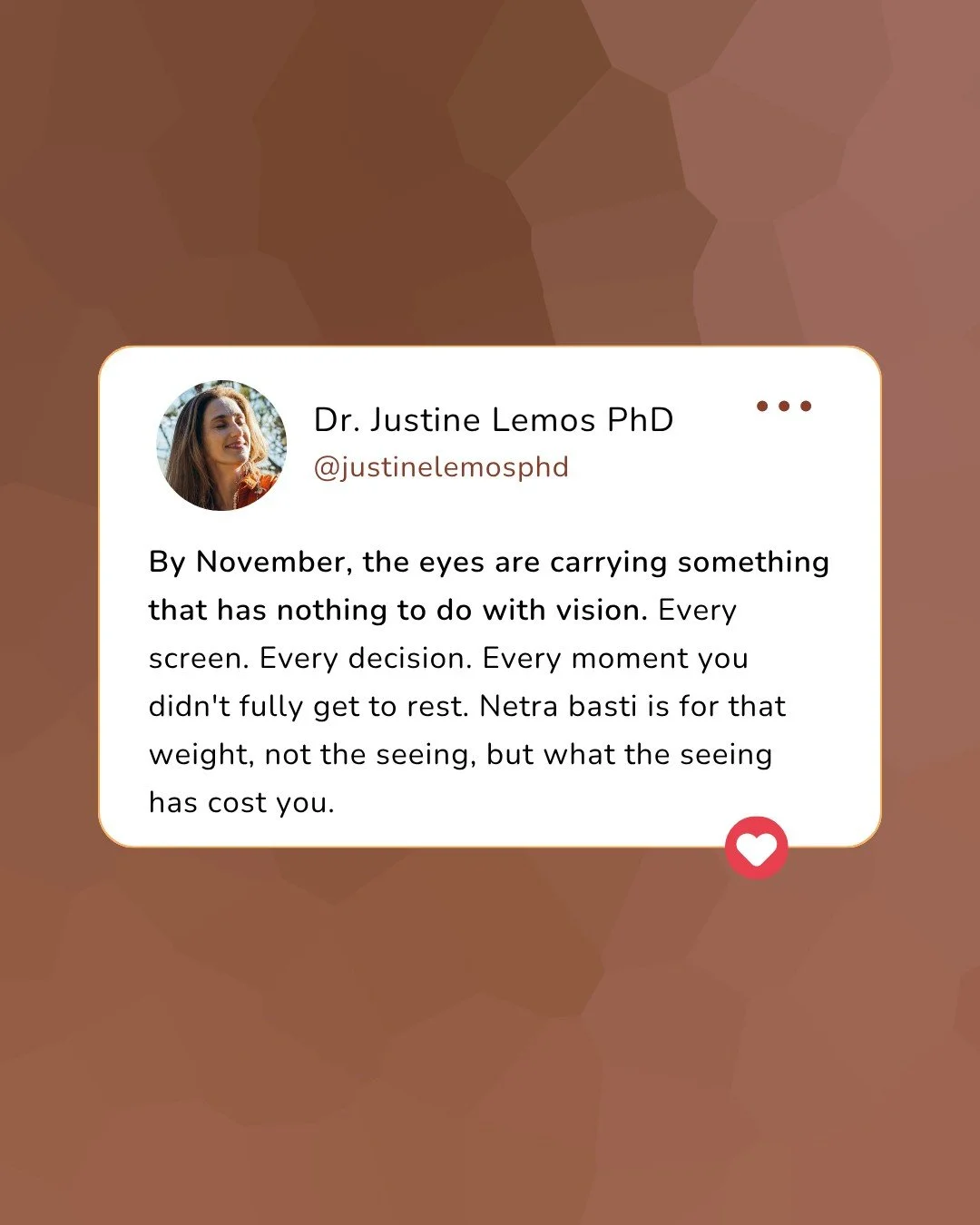 The tiredness behind your eyes in November isn't about needing more sleep.

It's about ten months of input your nervous system never fully processed.

Netra Basti Clinic &middot; November 7 &middot; 45 minutes &middot; $108 &middot; Link in bio to bo