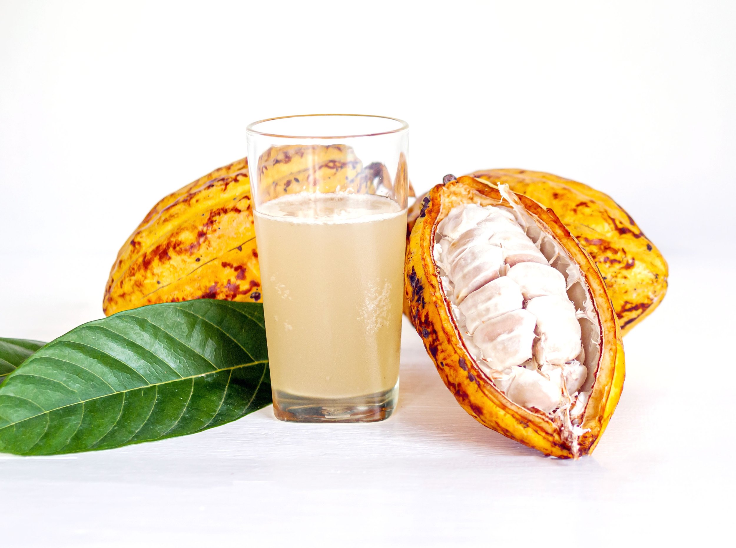 Cocoa pod open with white beans, glass of juice, green leaf on white background.
