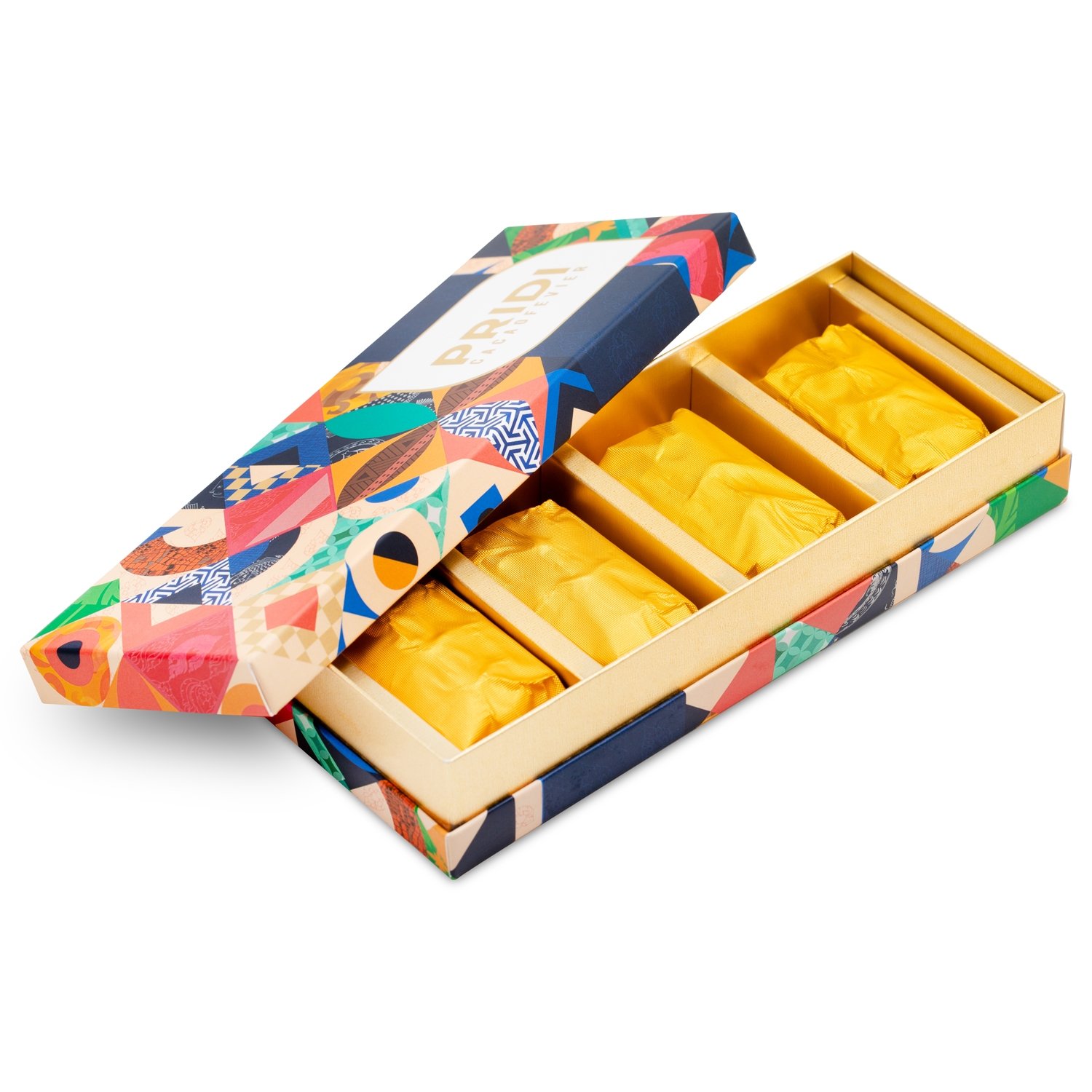 Colorful PRIDI gift box with gold-wrapped items inside, geometric pattern on the lid.