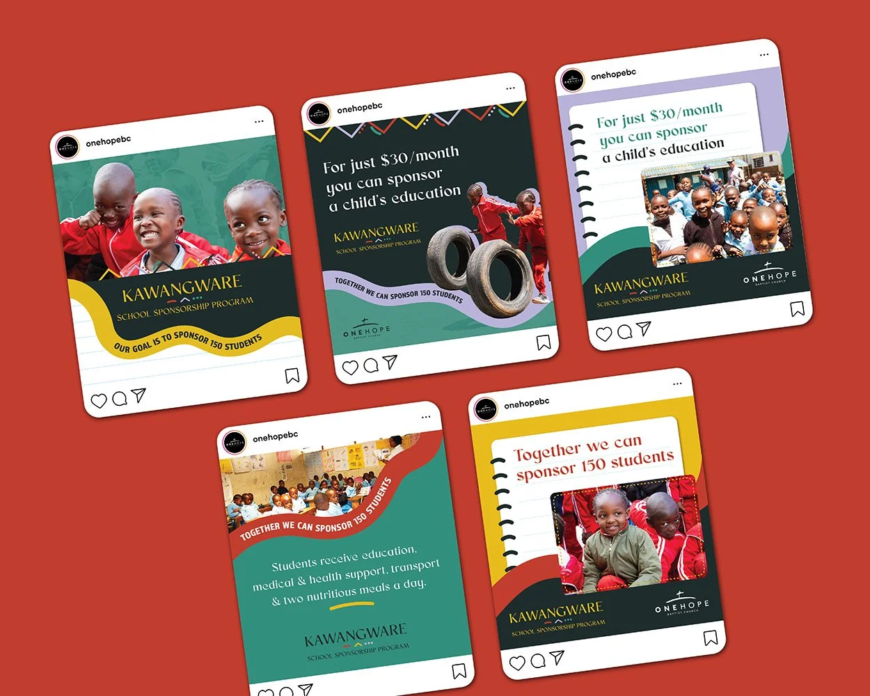 A set of 5 Instagram posts for OneHope's Kawangware school fundraising campaign.