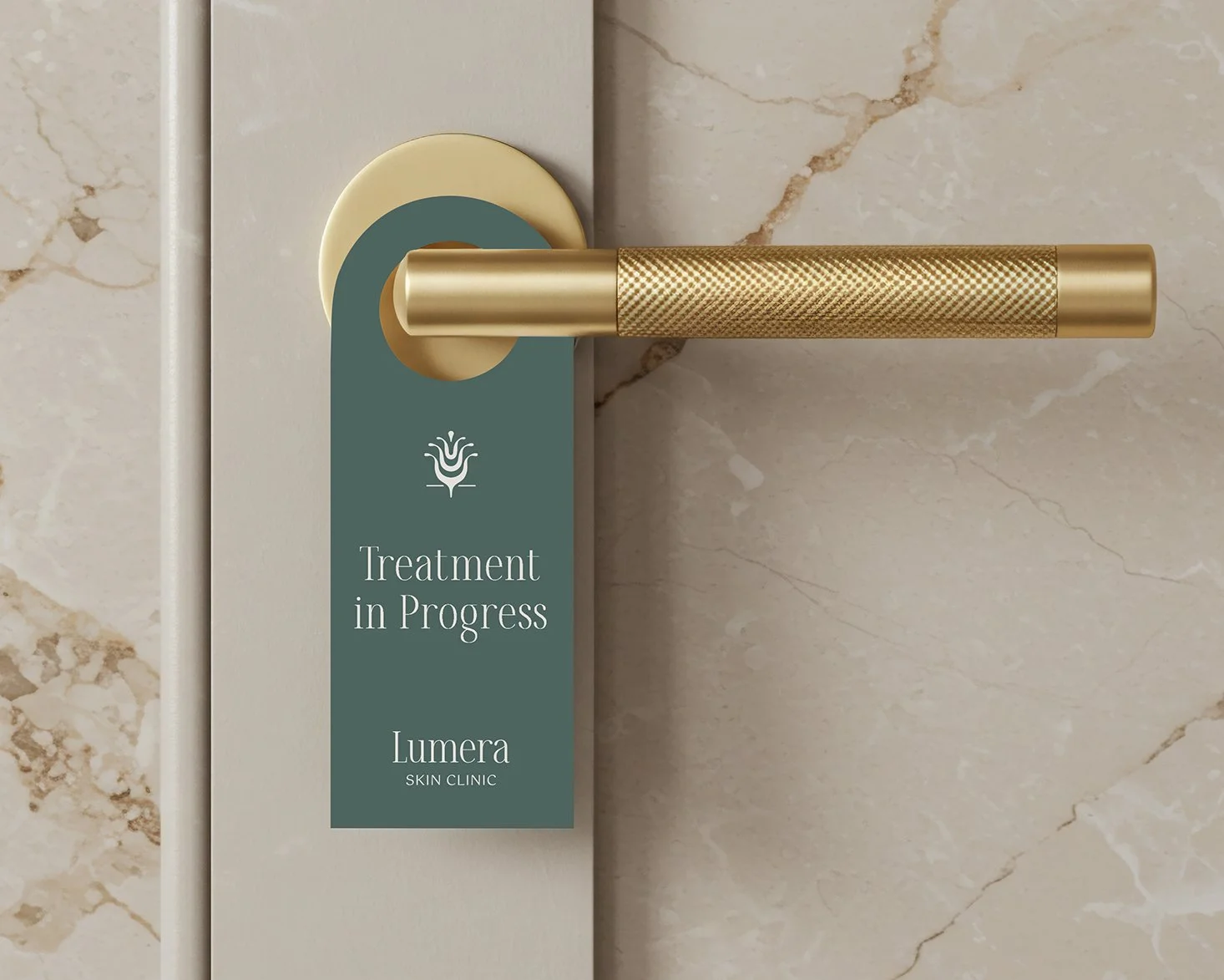 Green Treatment in Progress door hanging sign for Lumera Skin Clinic.
