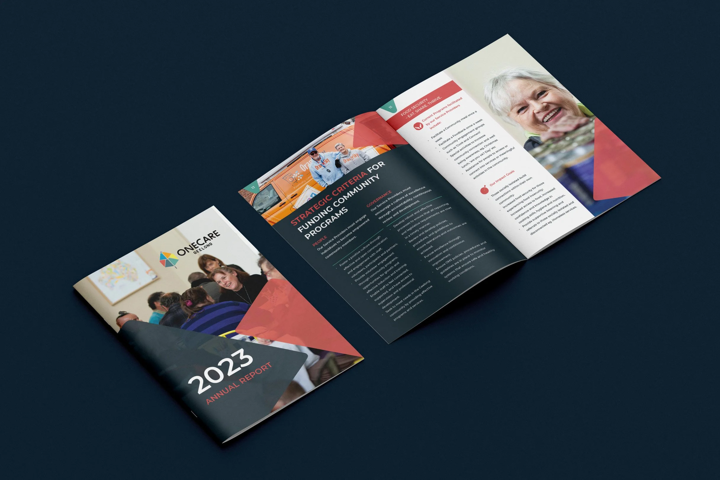 A side by side, open and closed annual report, for OneHope Community Care.