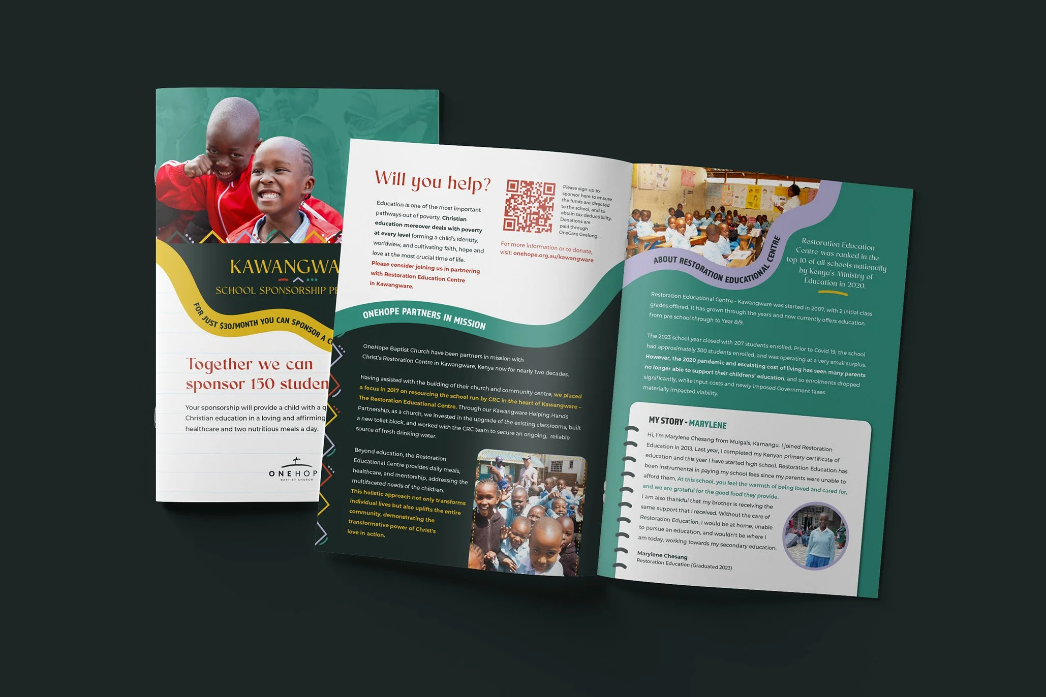 An open brochure resting on a closed one, for Kawangware School Sponsorship fundraiser.