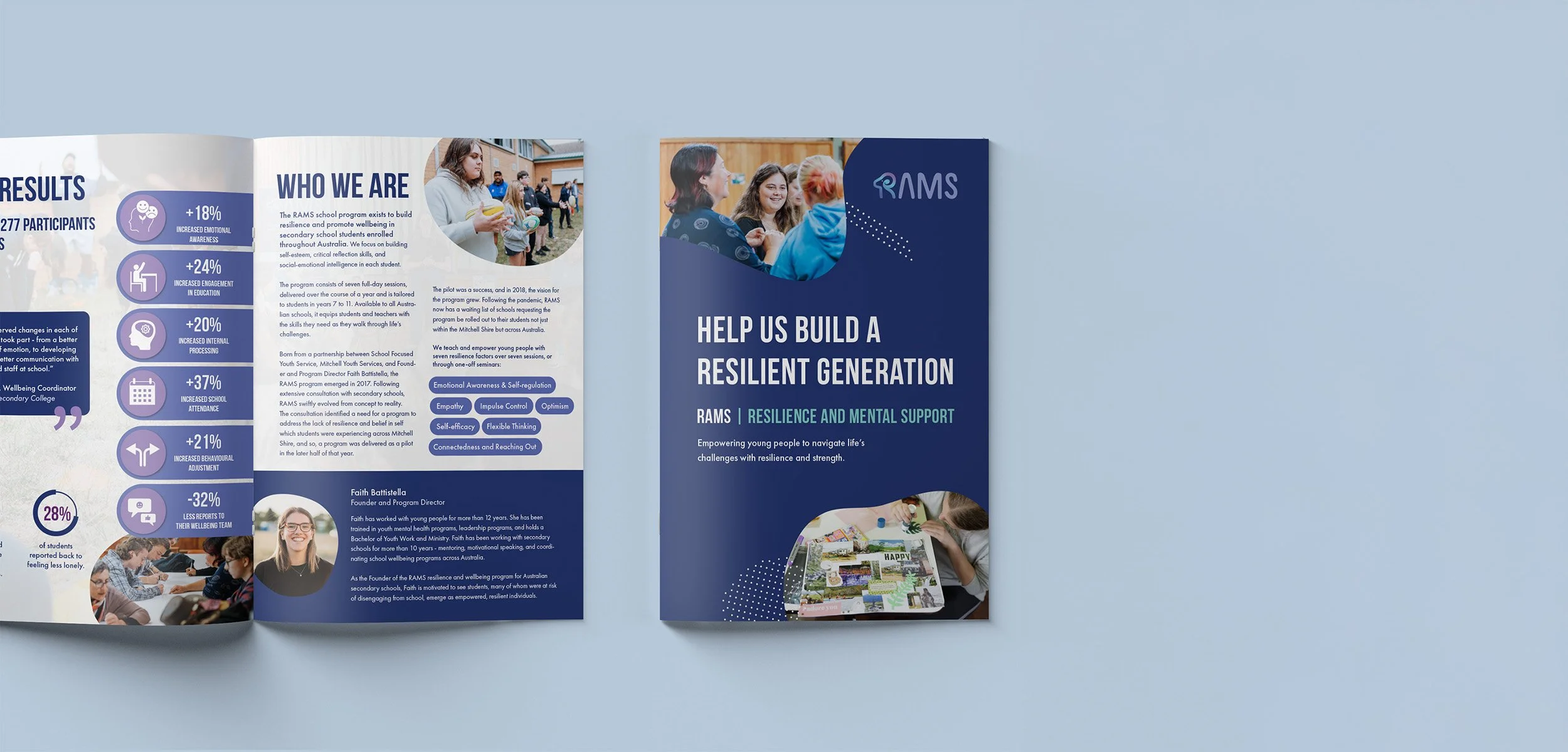 An open brochure for RAMS program, displaying images, statistics and icons.