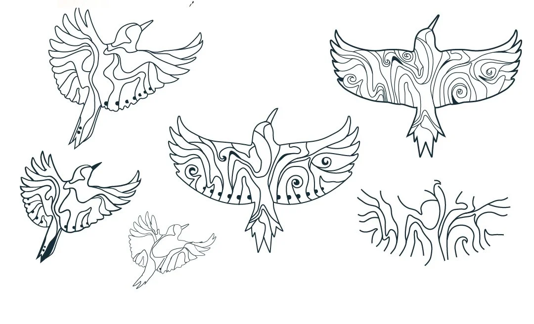 Several sketches of the Specht bird icon in early development.