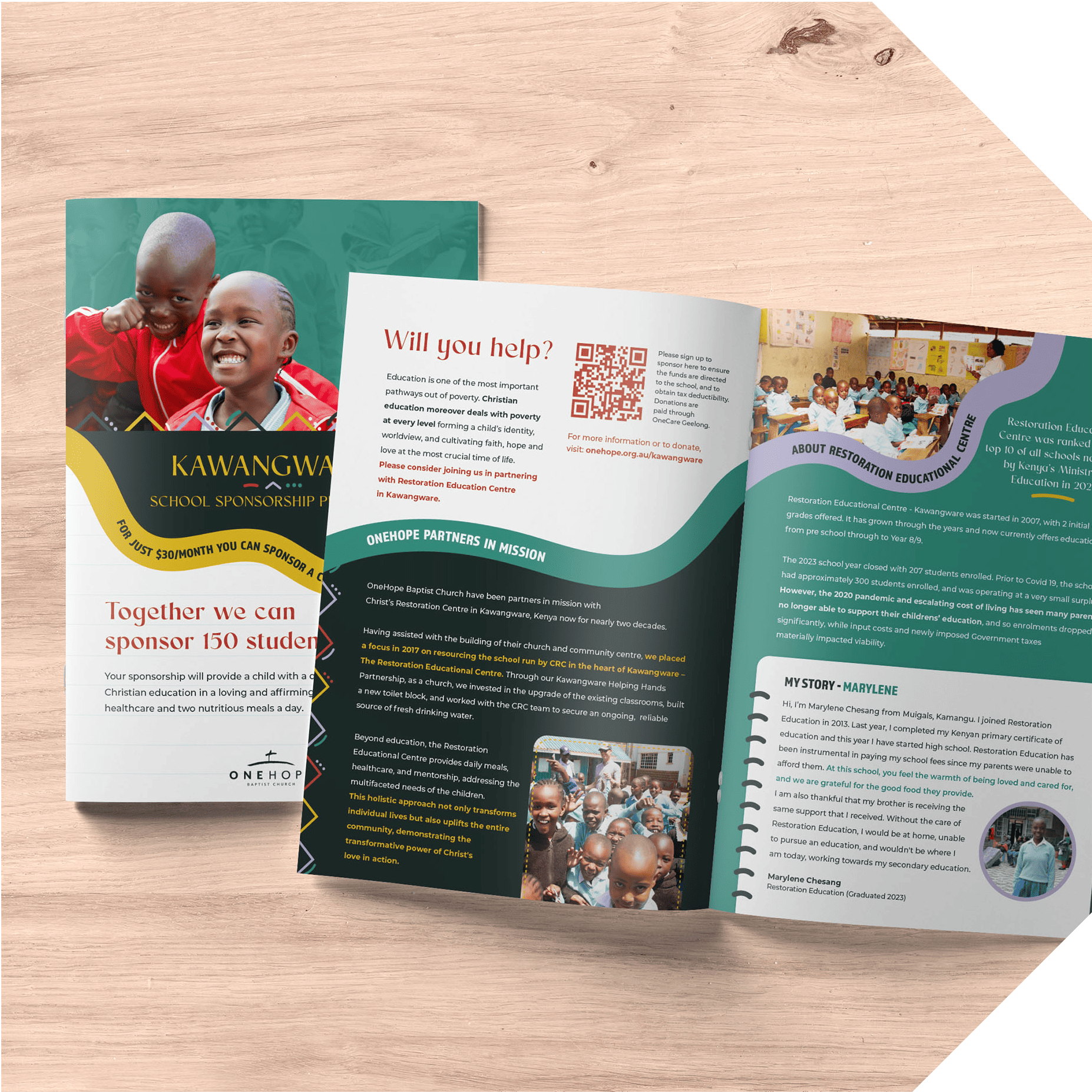 Open brochure for Kawangware sponsorship program, sitting on a wooden bench.