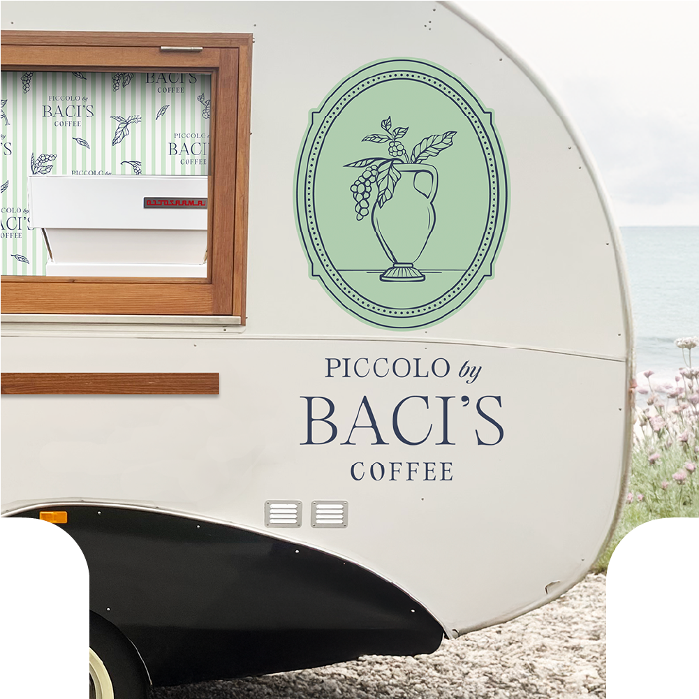 Piccolo by Baci's Coffee branding on their white coffee van.