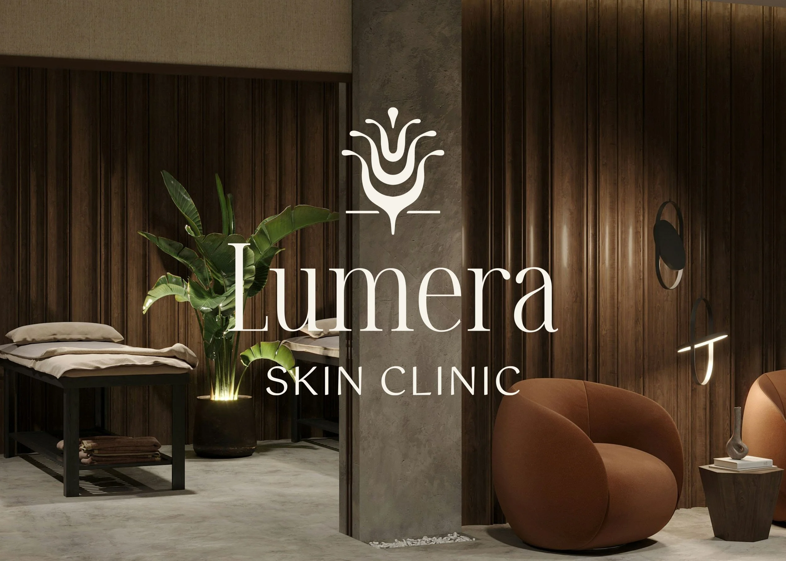 Lumera Skin Clinic logo in cream, with image of clinic in the background.