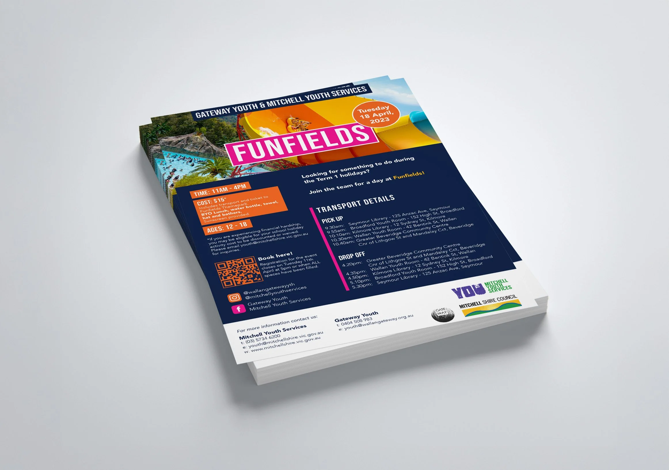 A stack of colourful flyers for Gateway Youth and Mitchell Youth Services.