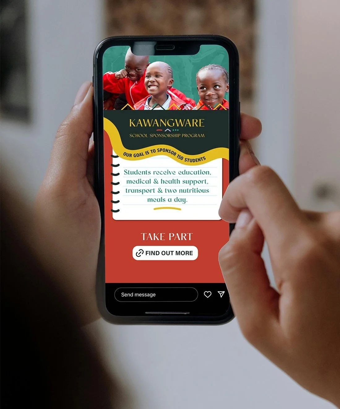 A woman's hand holding her phone, looking at an Instagram story of OneHope's Kawangware fundraiser.
