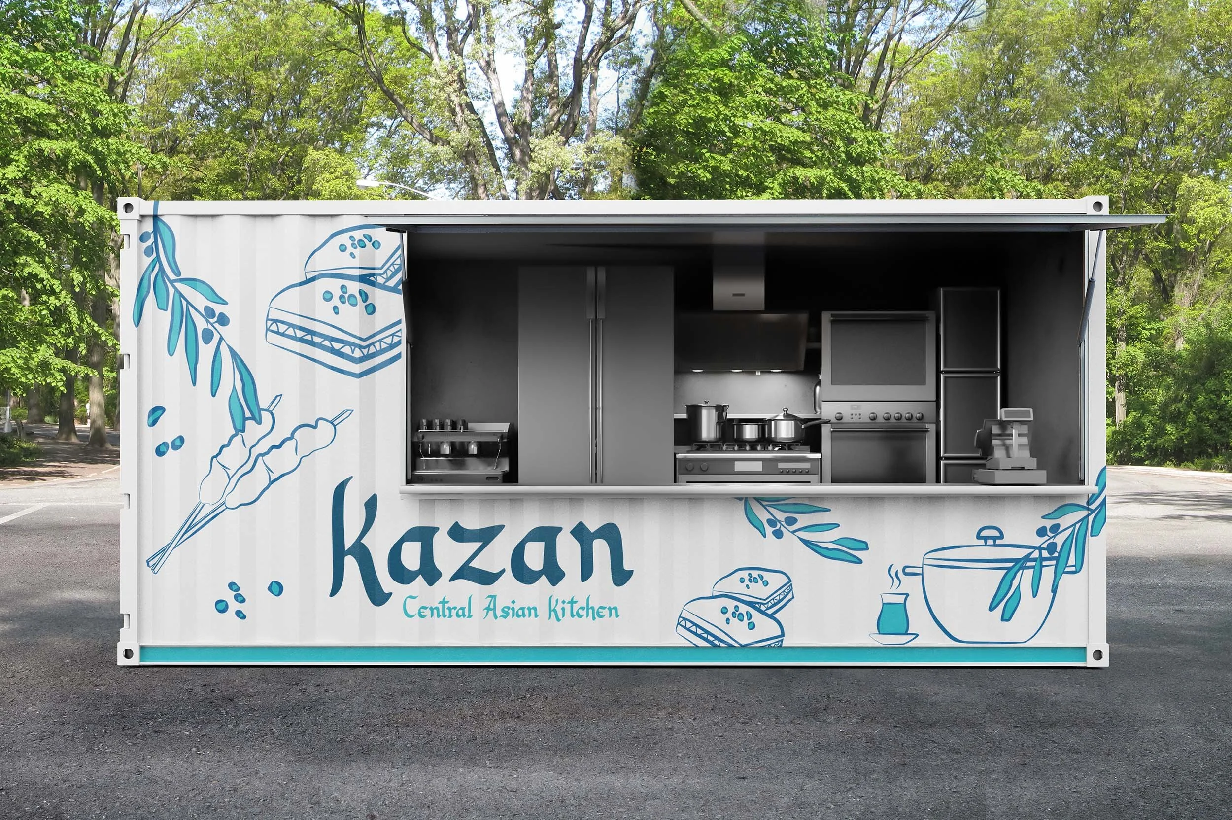 A white shipping container covered in the Kazan branding and illustrations.