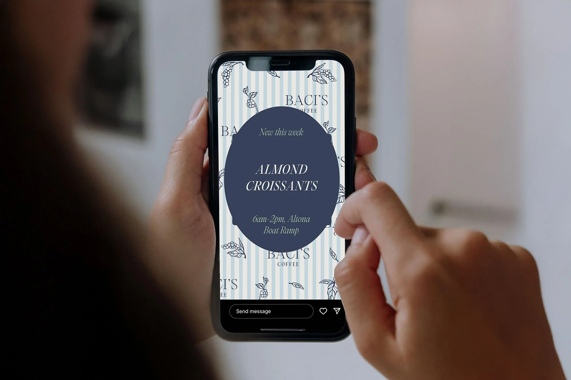 A phone screen displayed an Instagram story for Baci's Coffee.