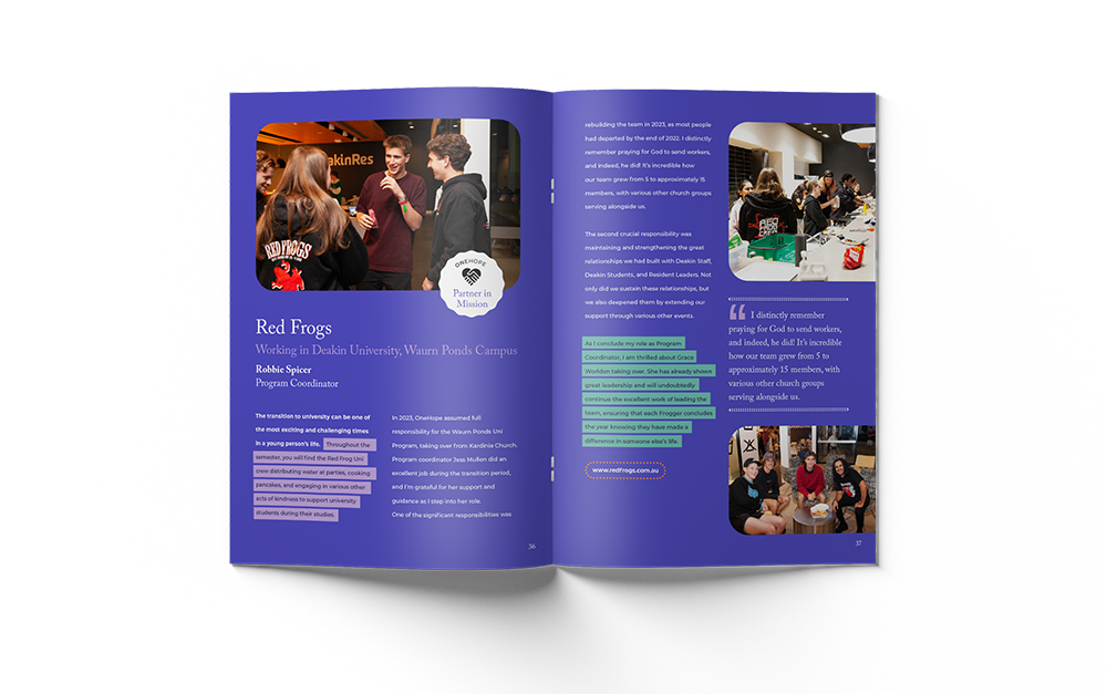 An open brochure displaying an article about Red Frogs Australia.