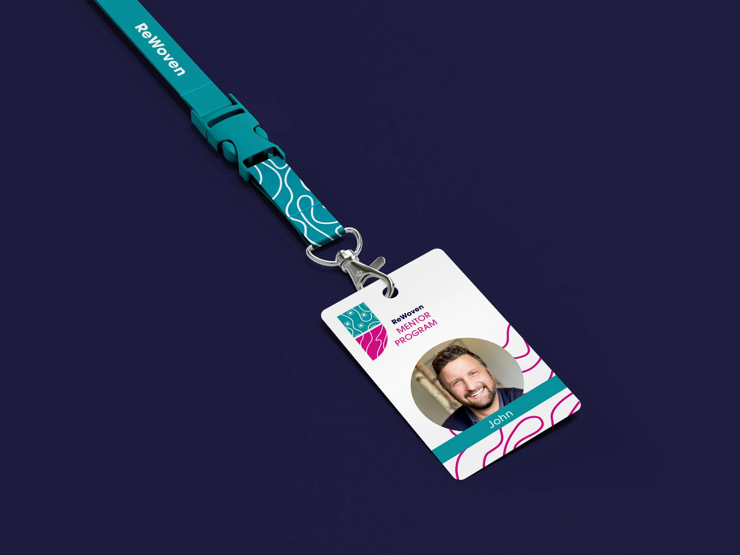 A ReWoven Mentor Program Lanyard features a staff members face.