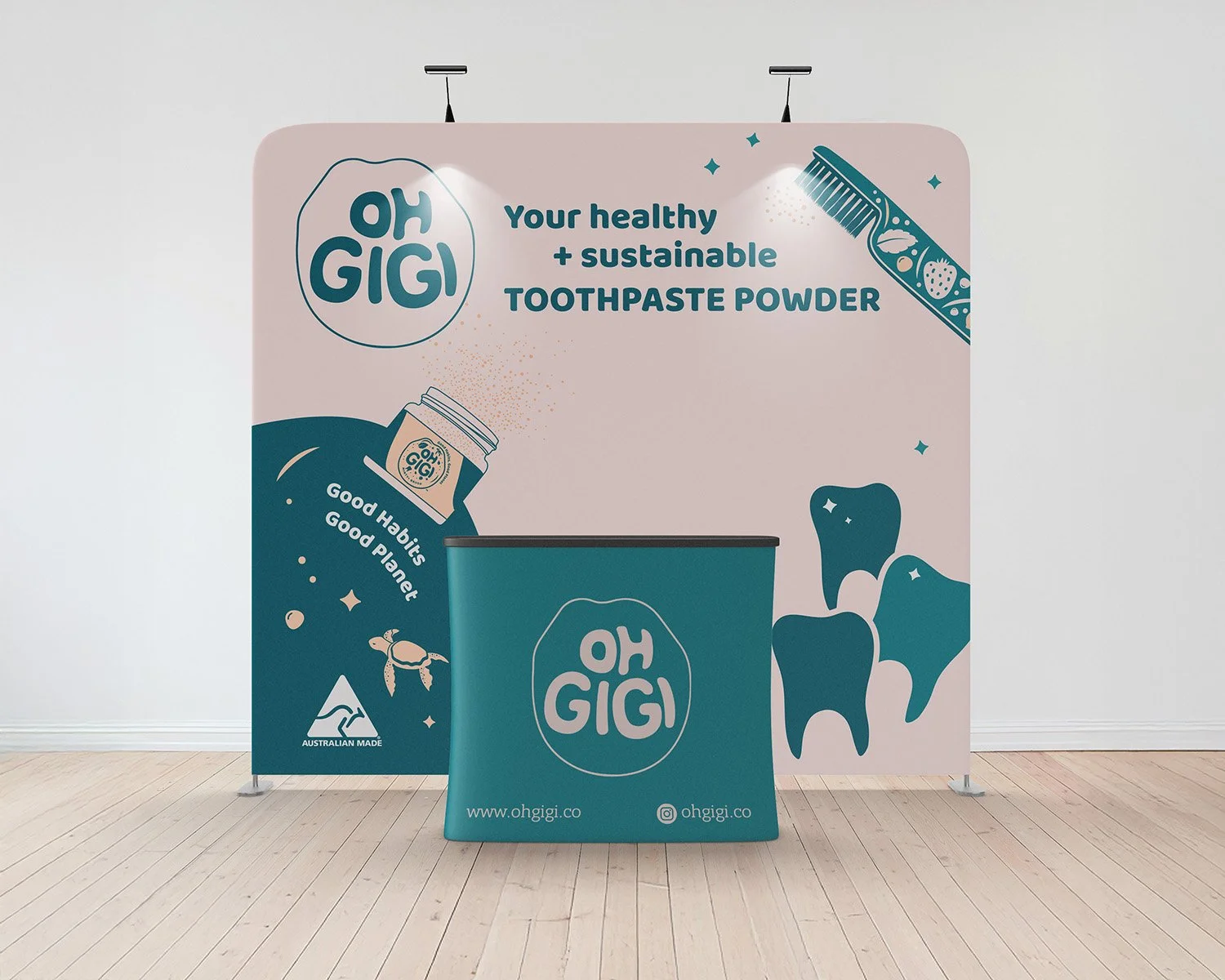 Large fabric banner backdrop and stand featuring ohGiGi branding.