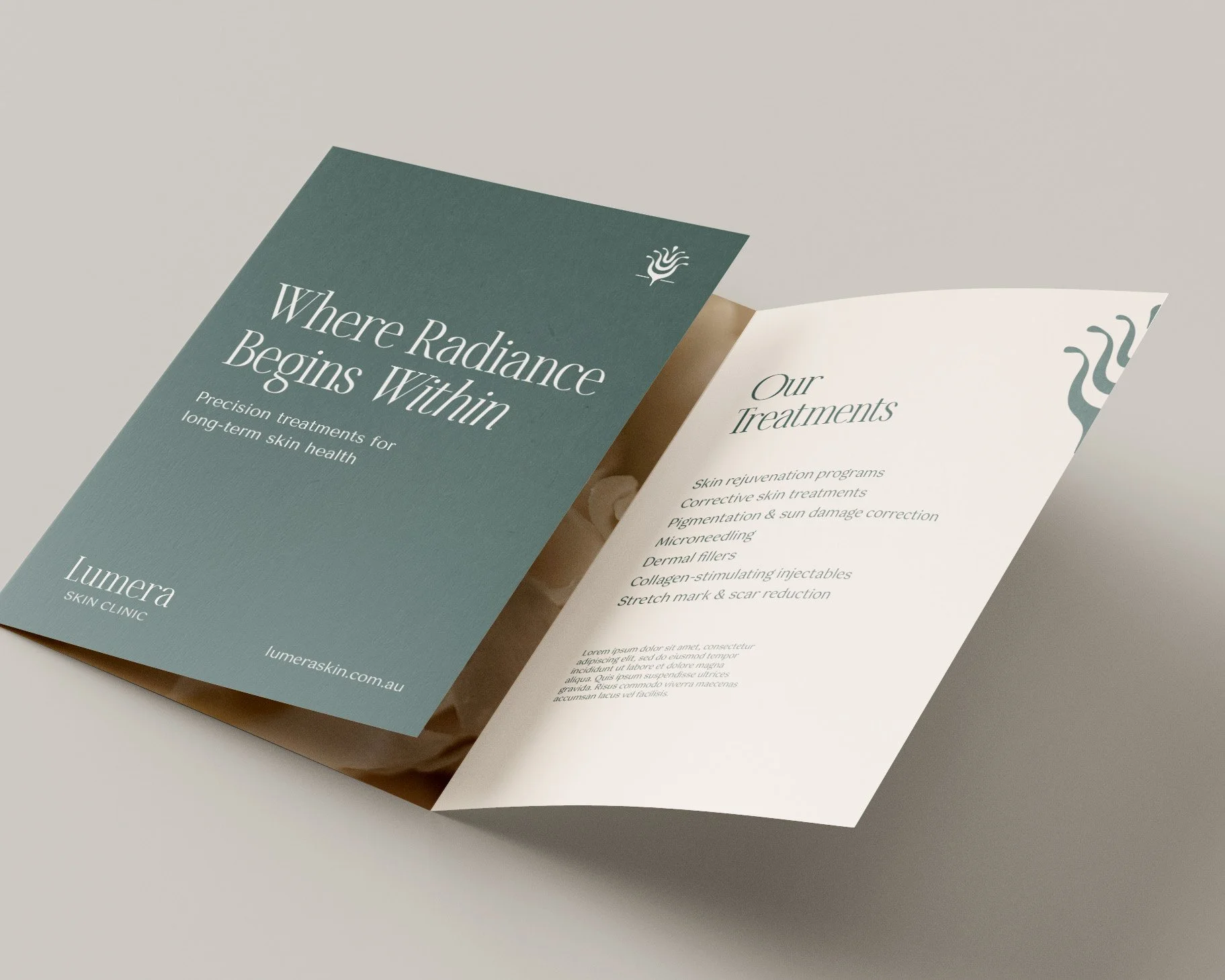 Open trifold brochure advertising Lumera Skin Clinic's services.
