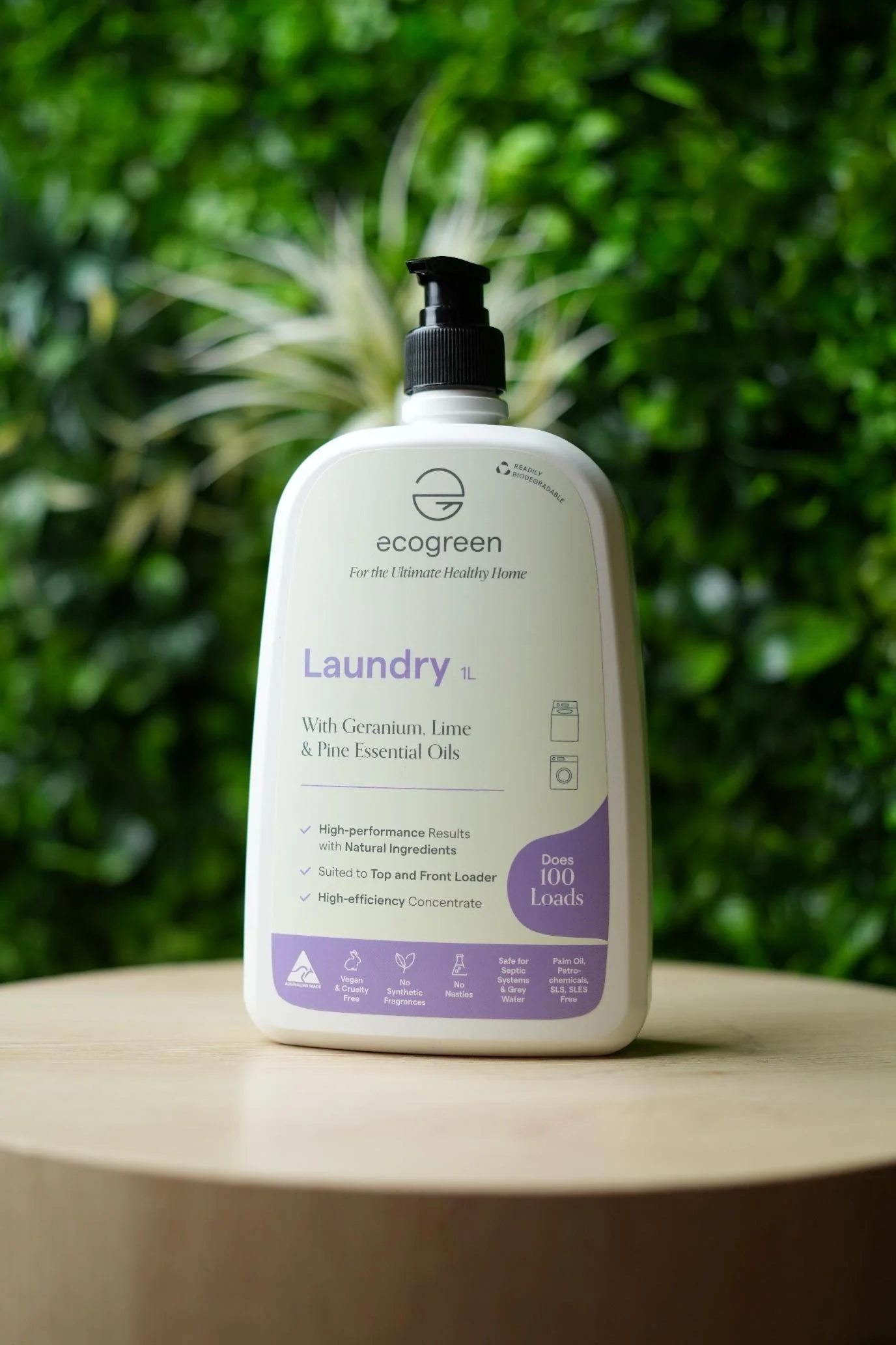 Bottle of Ecogreen laundry liquid, sitting on a wooden stand with greenery in the background, the front label in view.