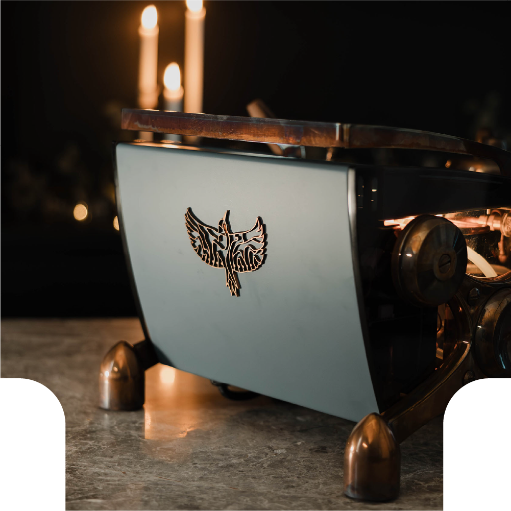 A brass Specht logo icon on the back of a teel Slayer espresso machine.