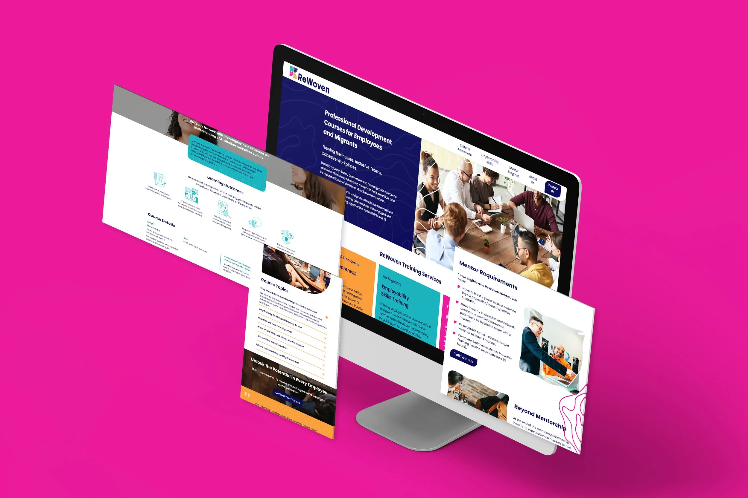 Pages from the ReWoven website featured on a pink backround.