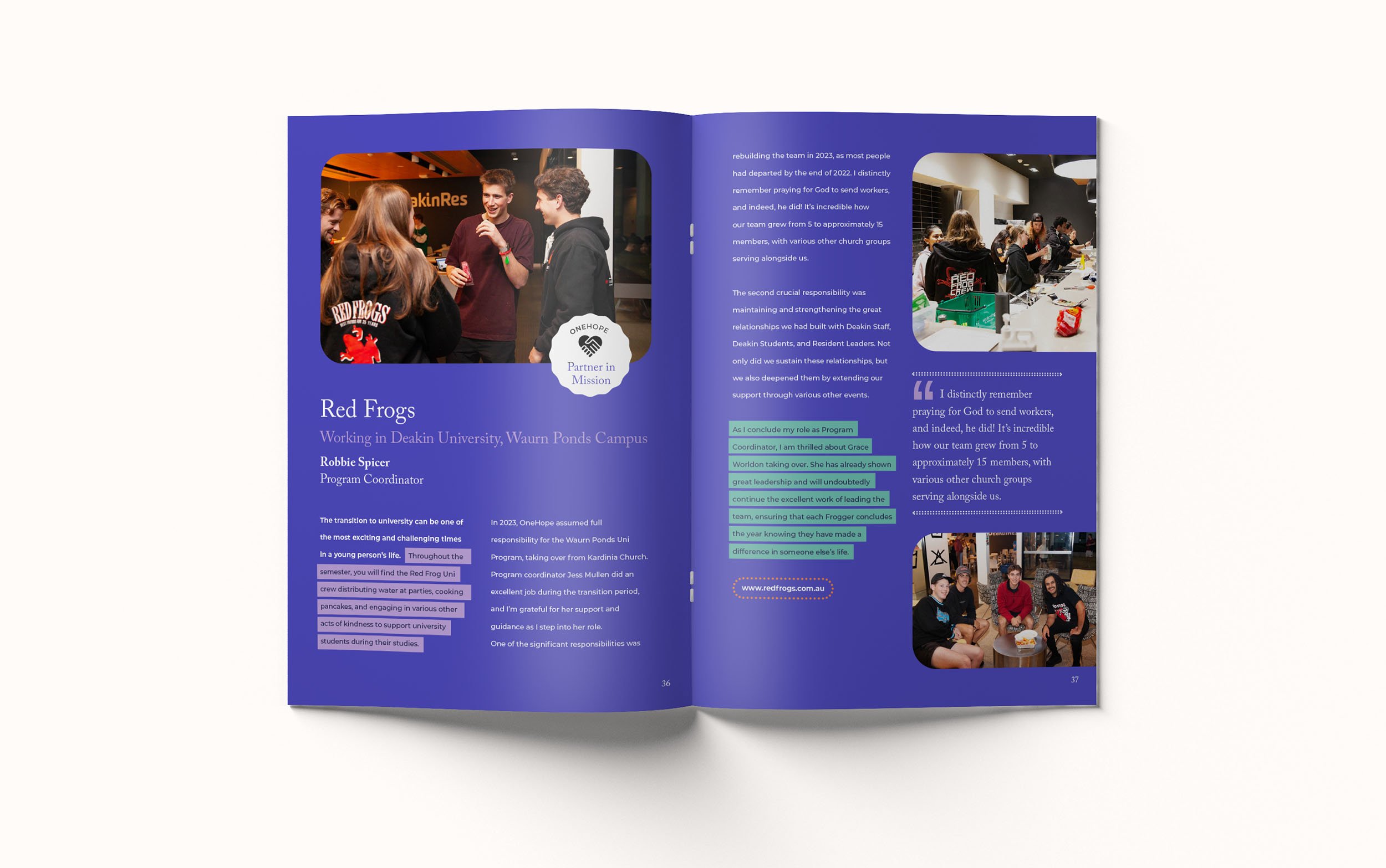 An open, bright blue report , showcasing a story about Red Frogs and their work in Geelong.