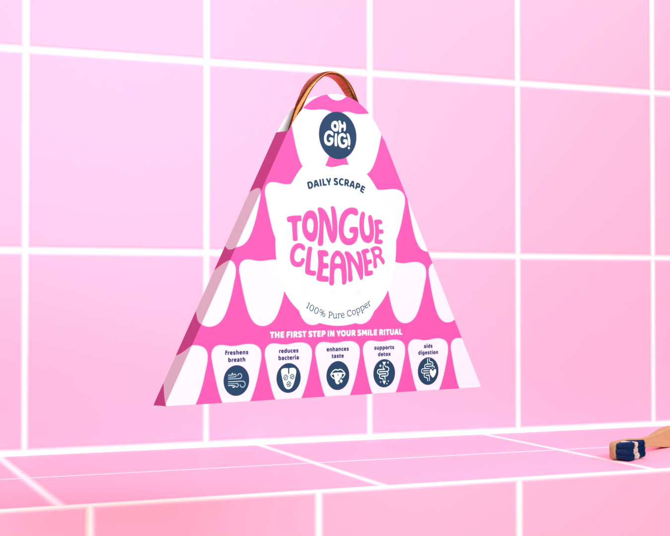 Bright pink, triangular-shaped packaging for a copper tongue cleaner.