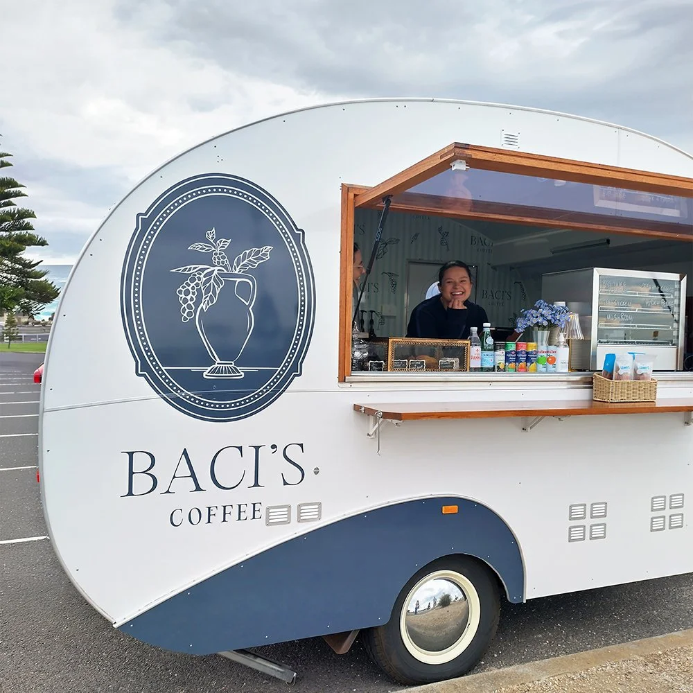 Baci's Coffee van at Altona Beach. Owner Alexandra inside.