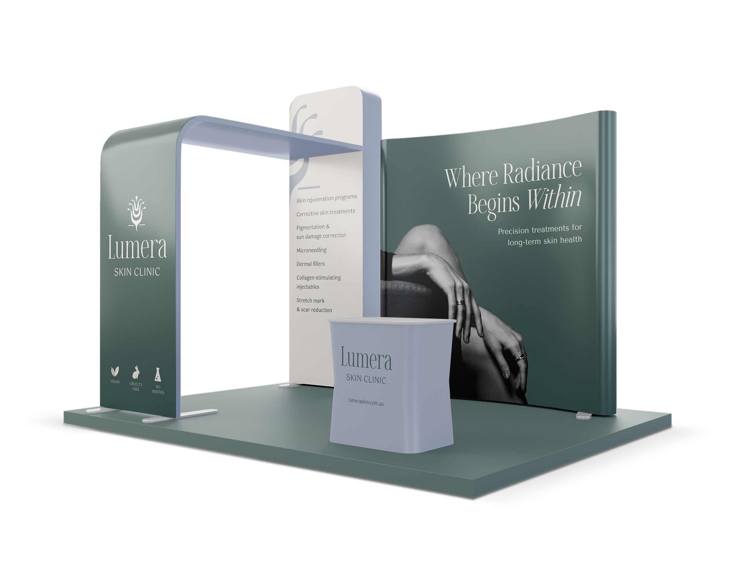 3D render of a tradeshow stall design for Lumera Skin Clinic.