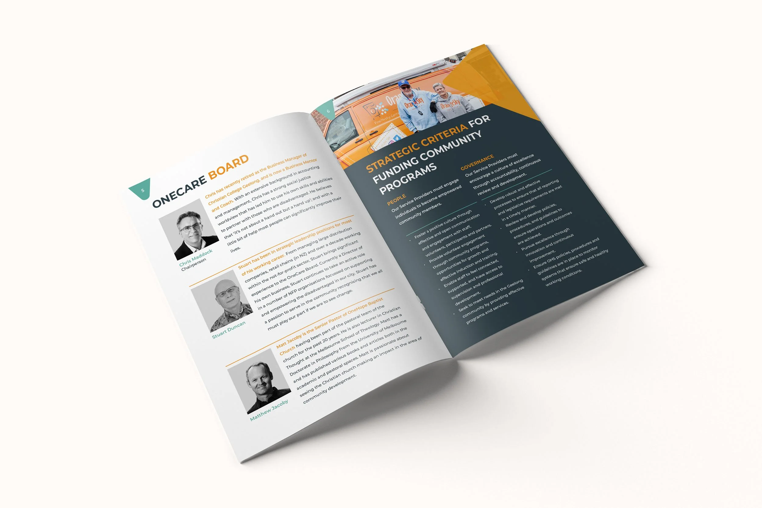 An open business report showcasing board member profile photos and a funding program report.