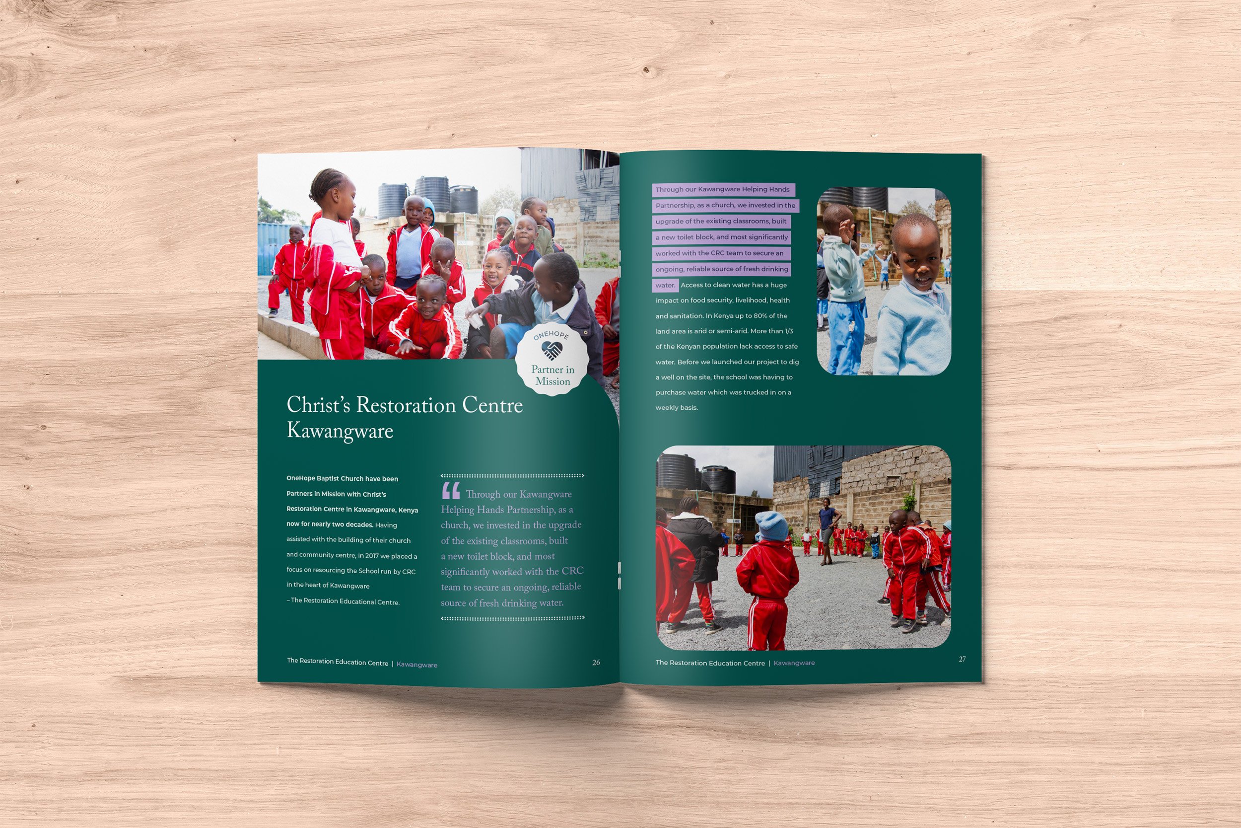 An open booklet displaying a report on an African school program that the business partners with..