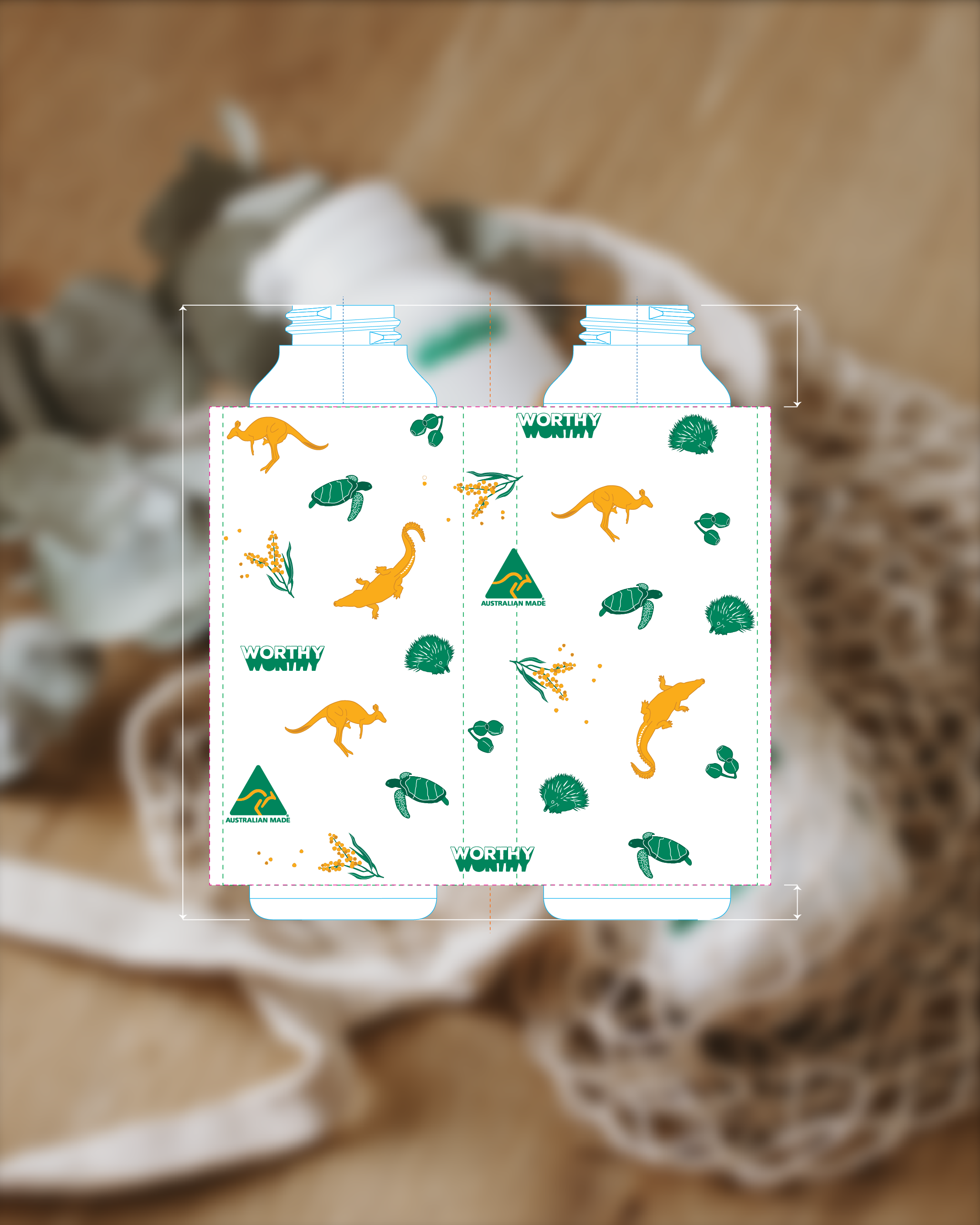 Surface pattern for Australian Made collaboration with Worthy, overlaid on a white bottle.