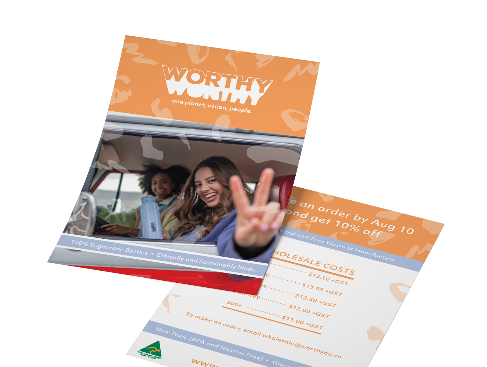 Front and back of a wholesale flyer for Worthy Co.