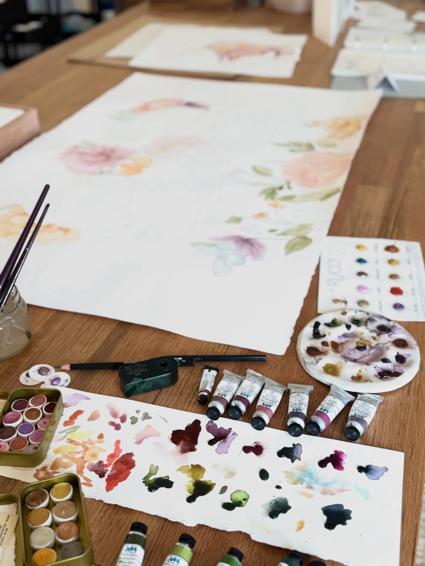 Starting a new piece always has a moment of hesitation (or complete day of &lsquo;just cleaning out the drawers&rsquo; but one the first splash of colour goes down it just flows. My pieces always begin with lots of colour testing and playing. My firs