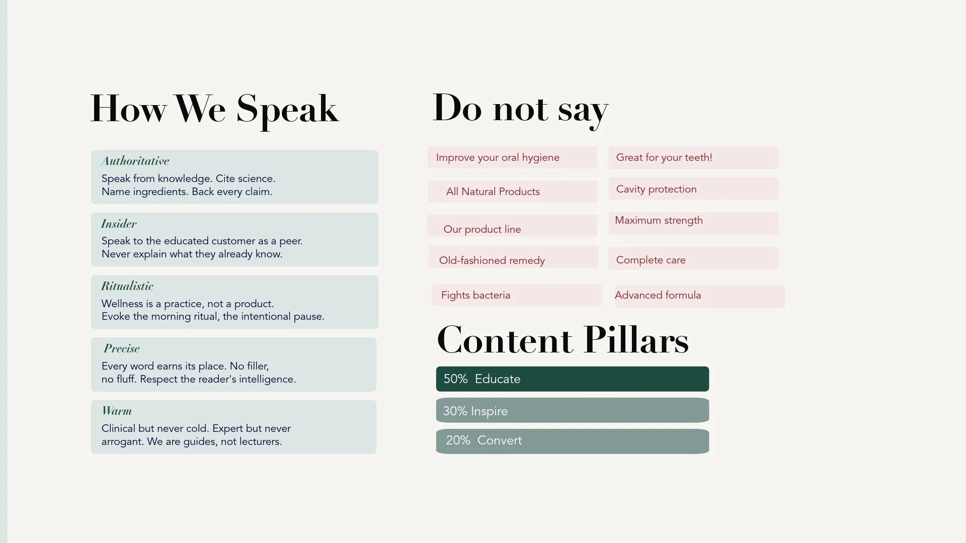 Audited existing brand assets and design history to refine the copy, color palette, and overall brand ethos — then redesigned the manifesto document from the ground up.