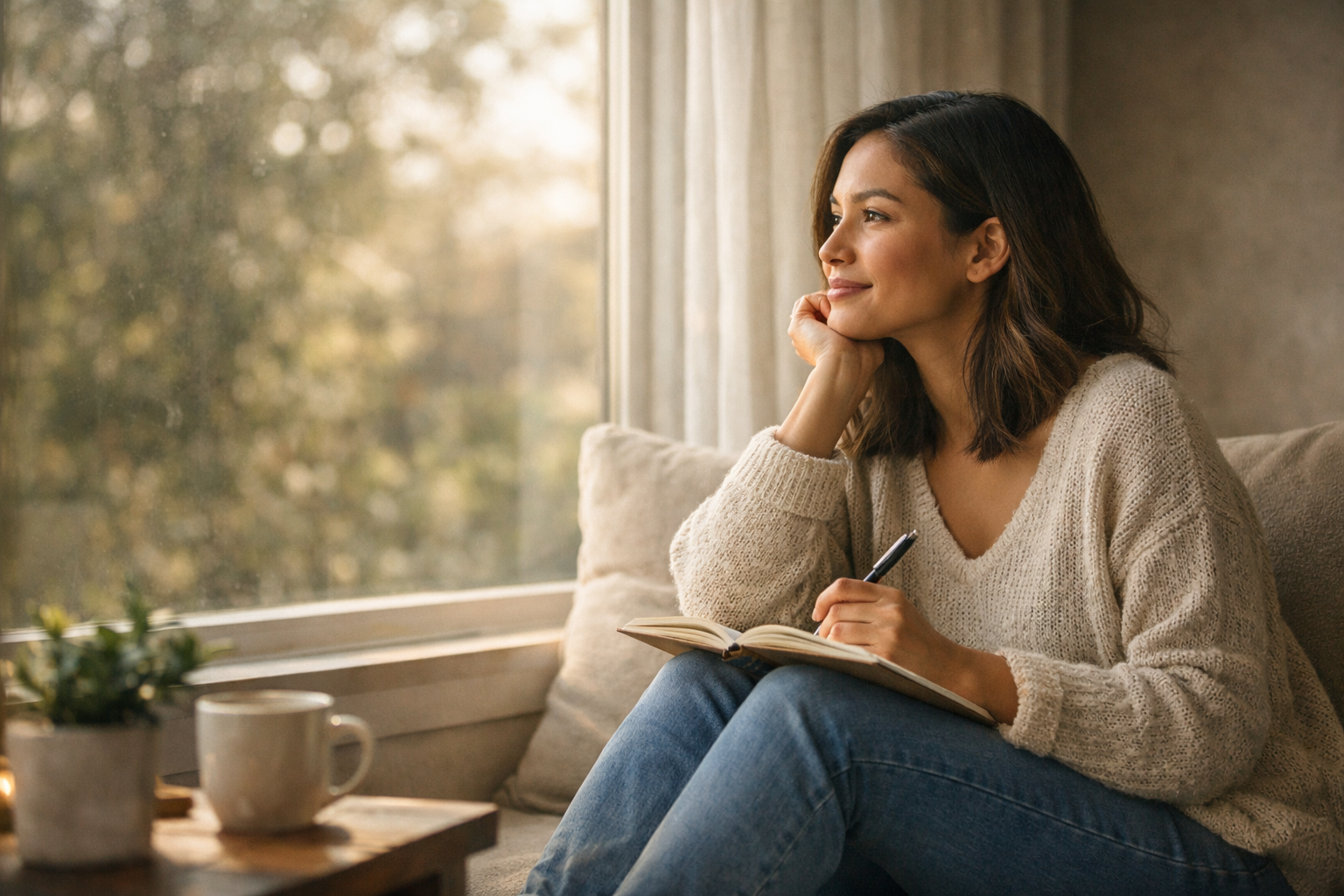 A woman with shoulder-length brown hair, wearing a beige sweater, sits on a beige couch by a large window, holding a notebook and pen, gazing outside with a content expression.