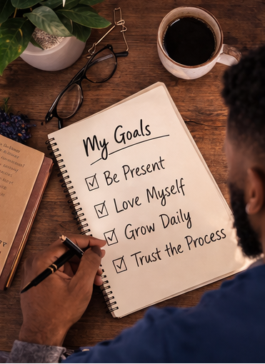 A person writes goals in a notebook at a wooden table, including 'Be Present,' 'Love Myself,' 'Grow Daily,' and 'Trust the Process,' with a cup of coffee, glasses, a plant, and a book nearby.