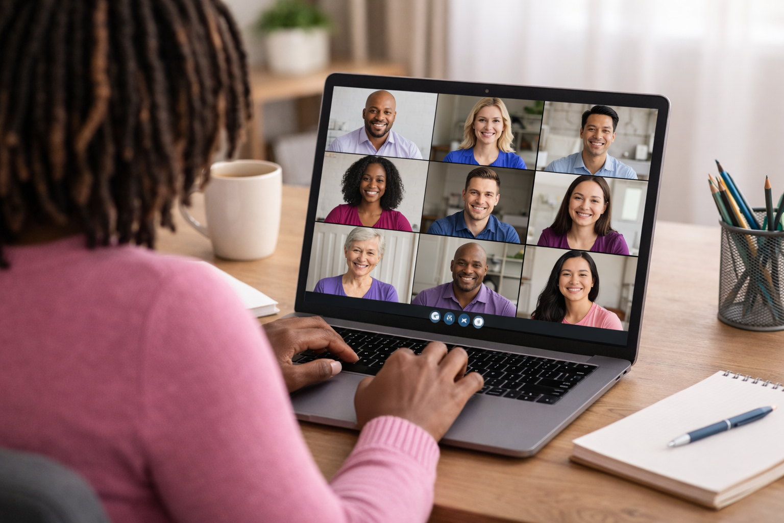 A woman with curly hair, wearing a pink sweater, participating in a video conference call on her laptop, which shows a grid of nine diverse smiling people in separate video windows.