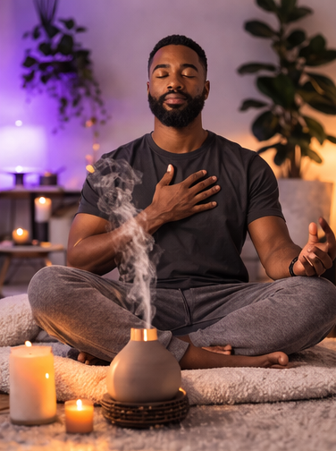 A man practicing meditation in a dimly lit, cozy room with candles and plants.