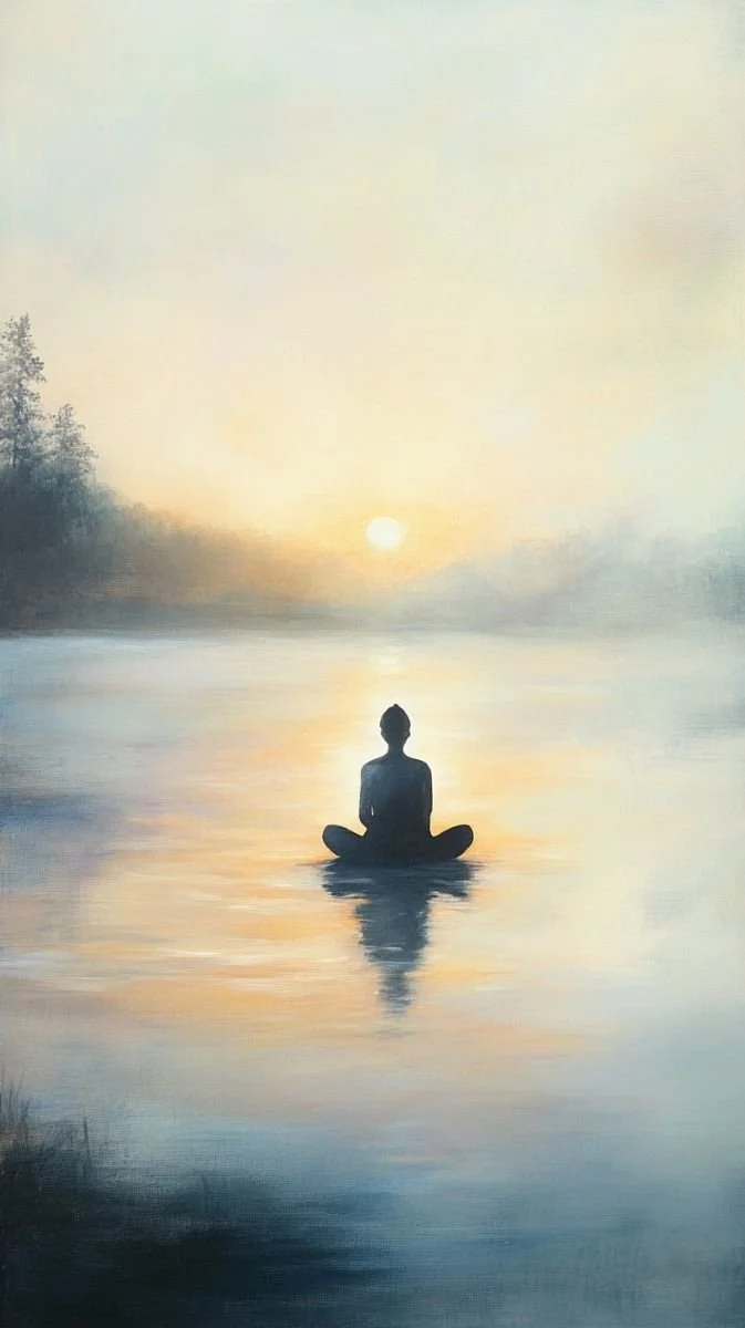 Silhouette of a person meditating on a paddleboard in calm water during sunrise or sunset with trees in the background.