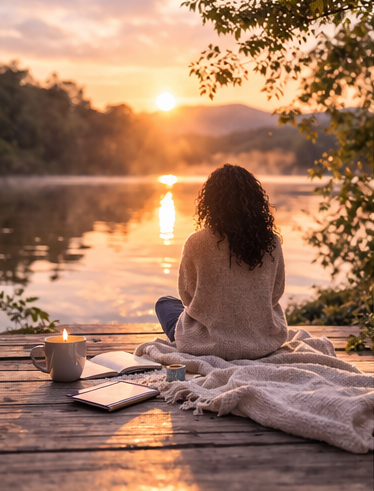 Woman sitting on a blanket by a lake at sunset, with a cup and books nearby, surrounded by trees.