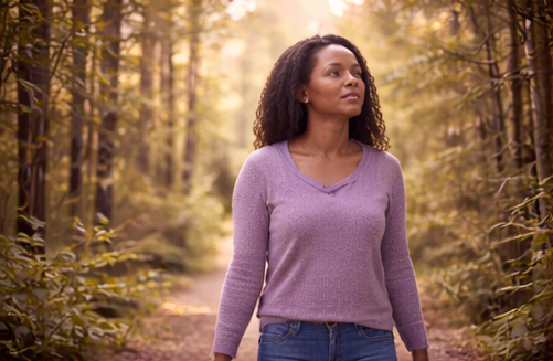 Woman walking through a forest with autumn trees, wearing a purple sweater and jeans, looking off into the distance.
