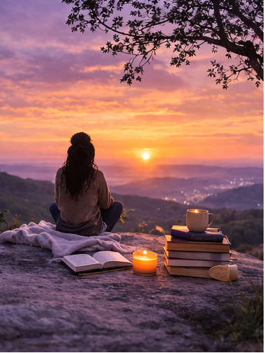 A person sitting on a blanket on a rocky surface, watching a sunset over a hilly landscape with a tree overhead. There are books, a candle, a mug, and a pair of glasses nearby.