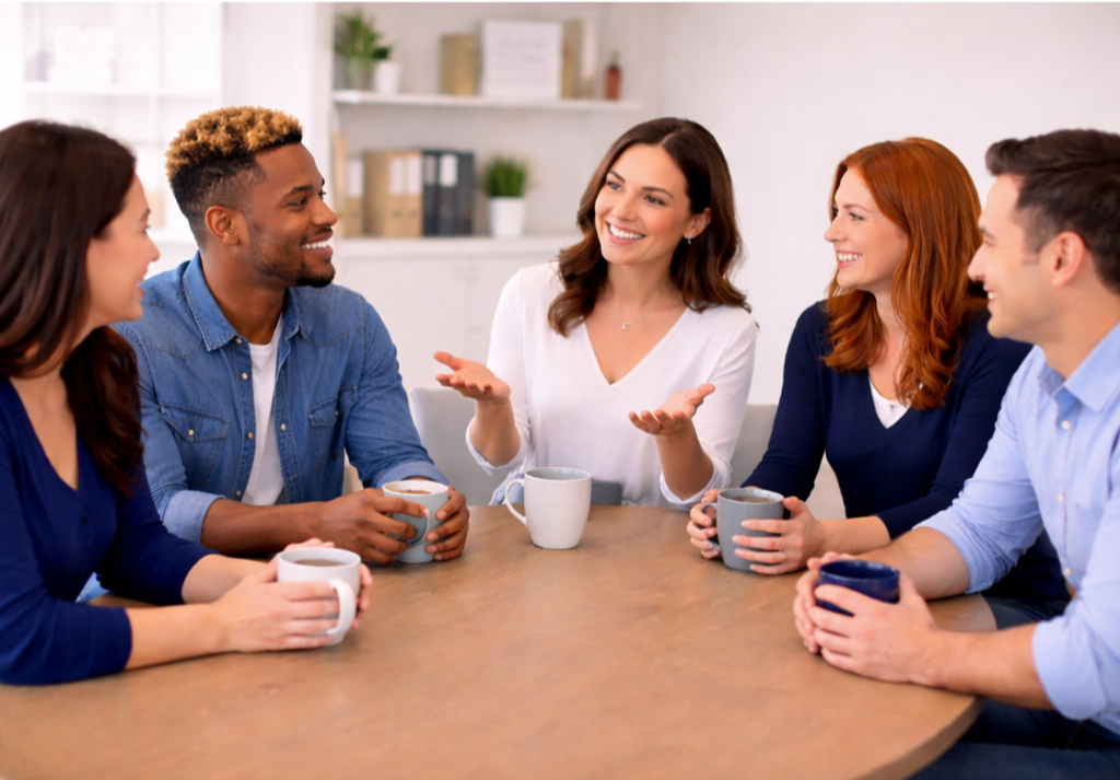 Five people sitting around a table having a discussion, some holding coffee mugs, in a bright, modern office or meeting room.