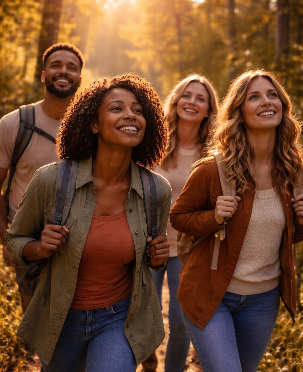 Four smiling women hiking through a forest with autumn leaves, carrying backpacks.