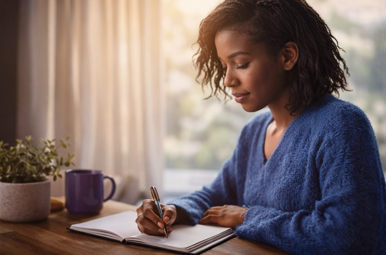 A woman with curly hair writing in a notebook at a wooden table with a potted plant and a purple mug, near a window with sunlight streaming in.